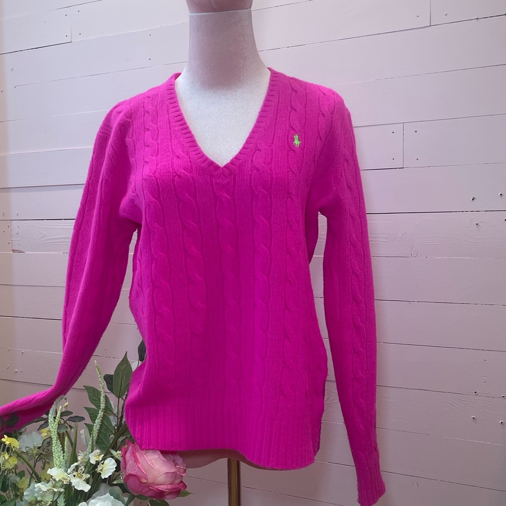 RALPH LAUREN Hot Pink Cable Knit V-Neck Sweater